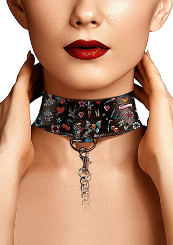 picture of Printed Collar With Leash  Old School Tattoo Style